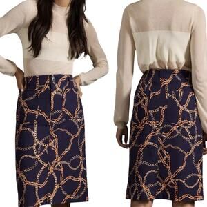 Anthropologie The Colette Skirt by Maeve, Size Large Gold Chain AOP Blue